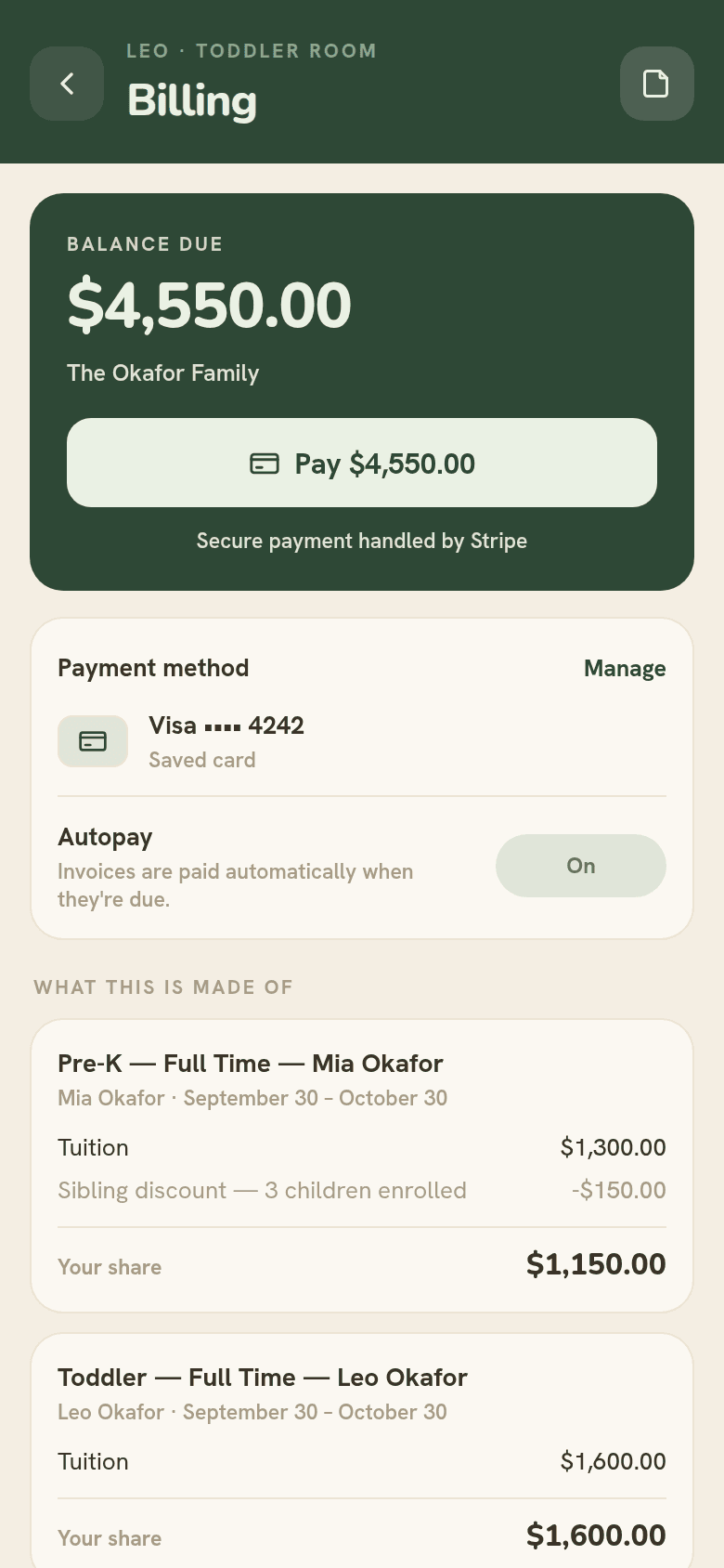 Family billing in the parent app: one balance for two children, with a sibling discount and autopay.