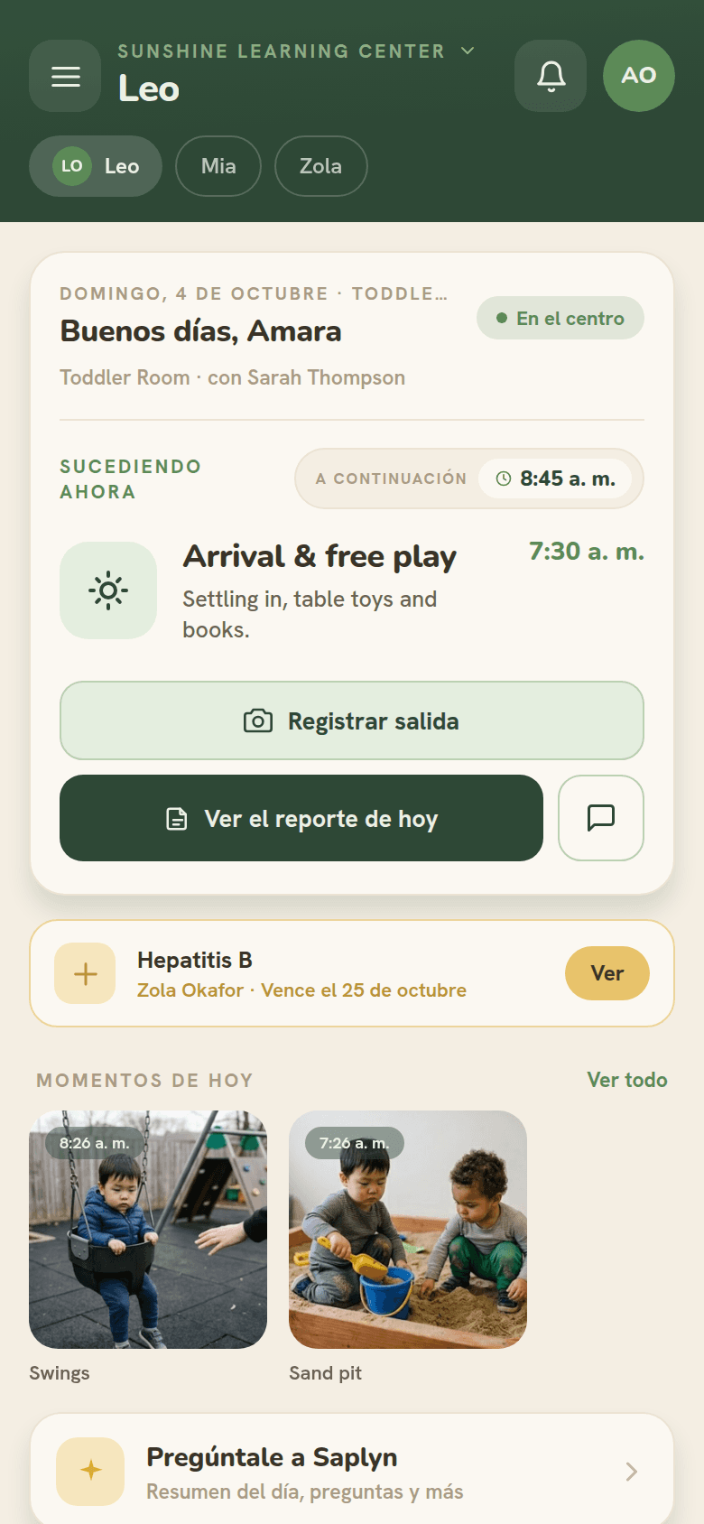 The parent app's home screen in Spanish, for a family that chose Spanish.