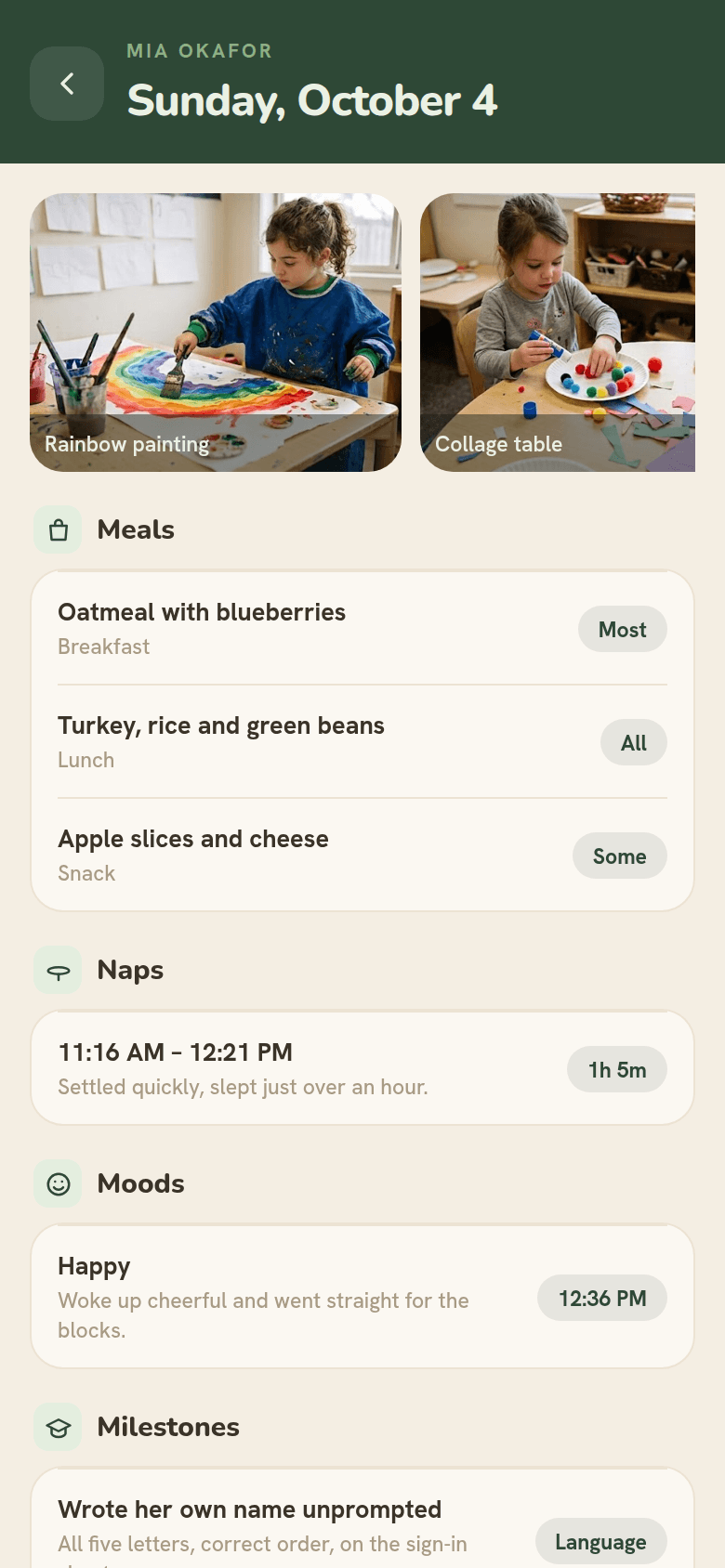 A child's daily report in the parent app: meals, naps, activities and photos.